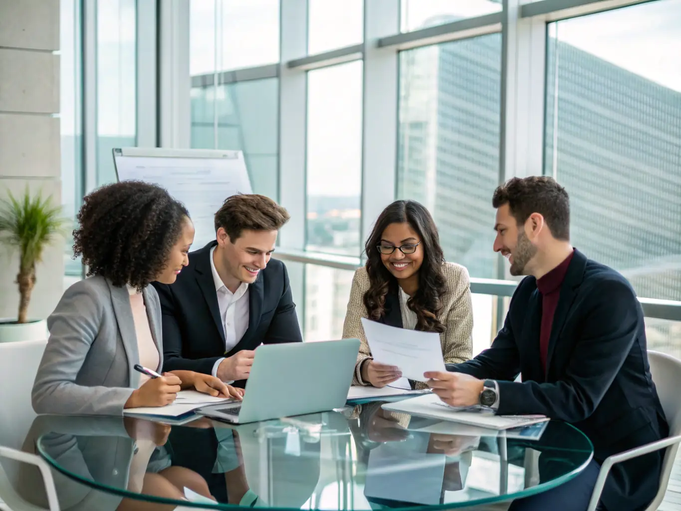 A professional image of a diverse team of financial advisors collaborating in a modern office, showcasing their expertise and commitment to client success.