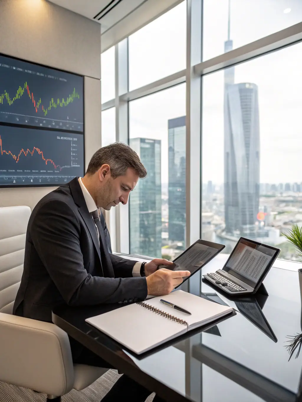 A professional financial advisor in a modern office setting, reviewing a client's portfolio on a tablet, with a focus on data visualization and growth charts.