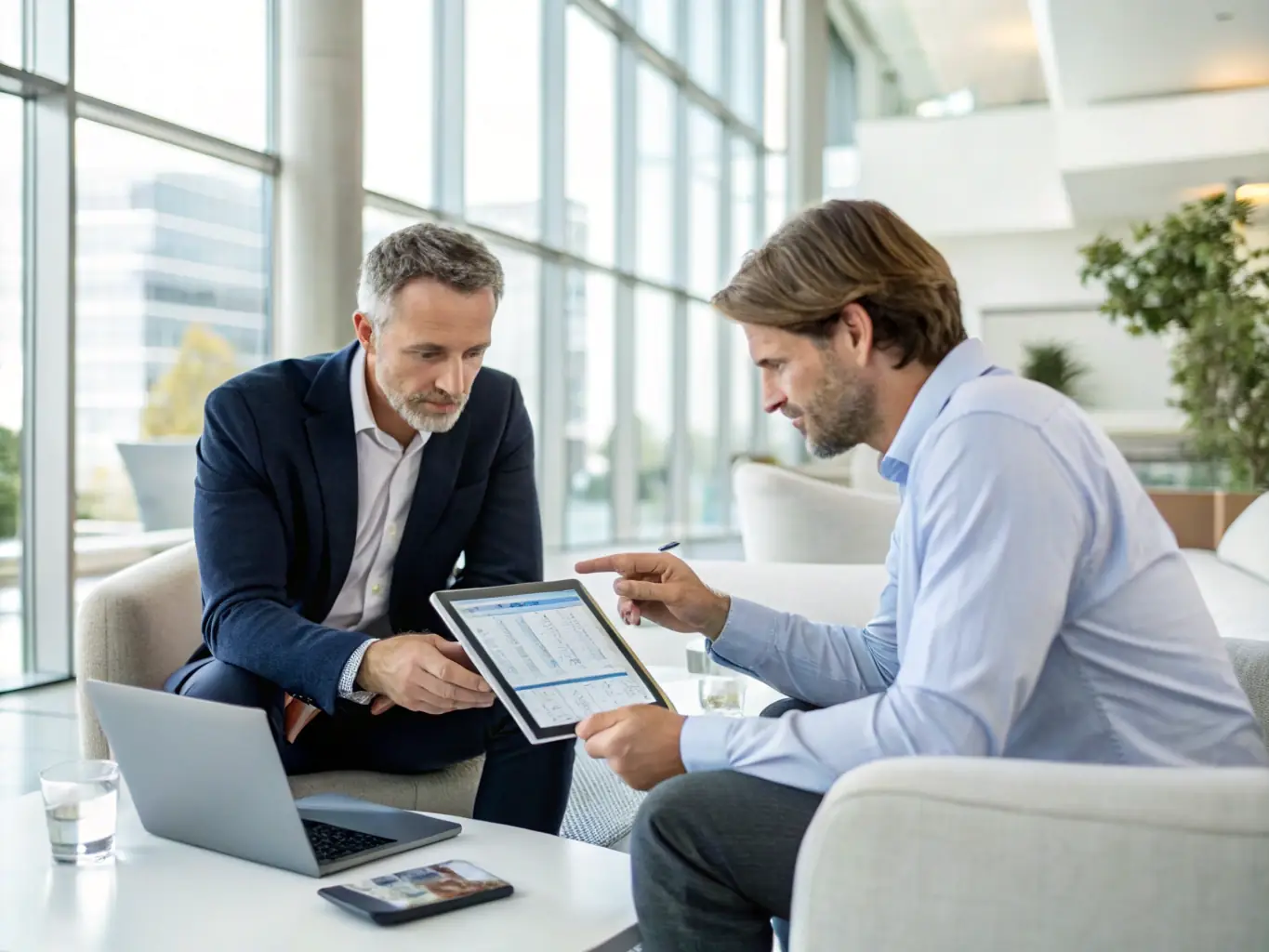 A photograph of a financial advisor in a modern office setting, reviewing investment portfolios with a client, both smiling and engaged in a discussion about financial growth.