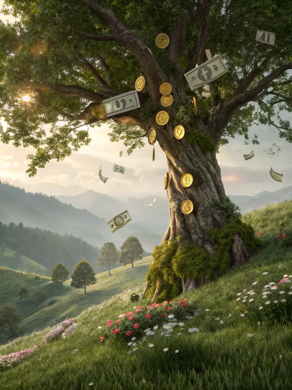 An image illustrating dividend investing, showing a tree with coins growing on it, representing regular income and financial stability.