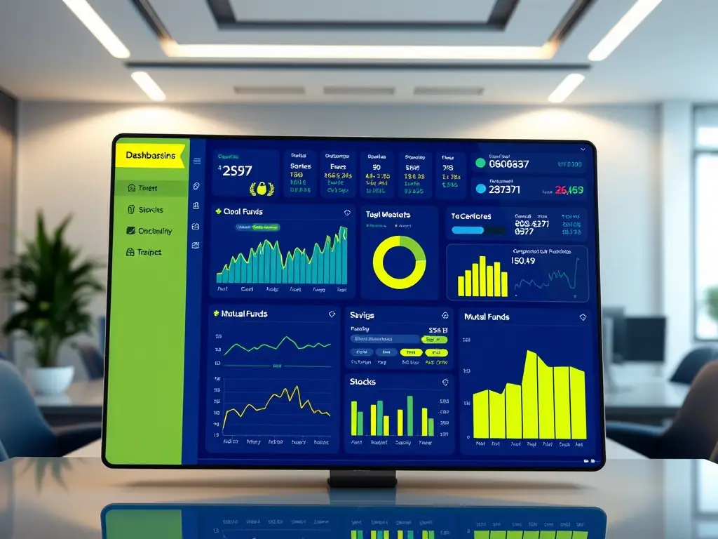 A diverse portfolio of investments displayed on a digital dashboard, showcasing various asset classes and growth potential, symbolizing diversified investment strategies.