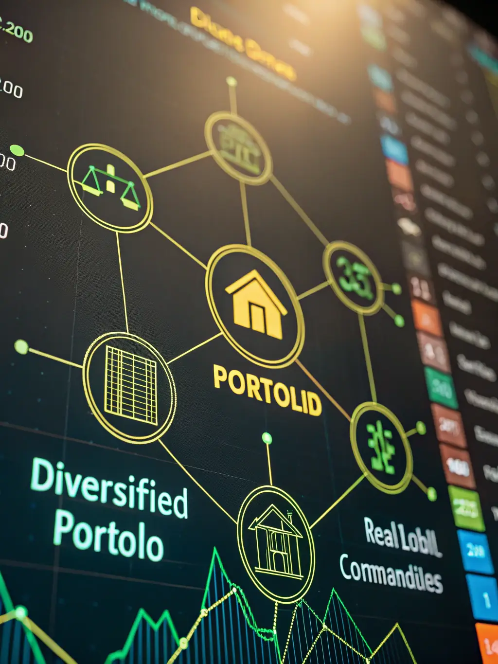 A diverse portfolio of assets, including stocks, bonds, and real estate, displayed in a visually appealing and informative manner.