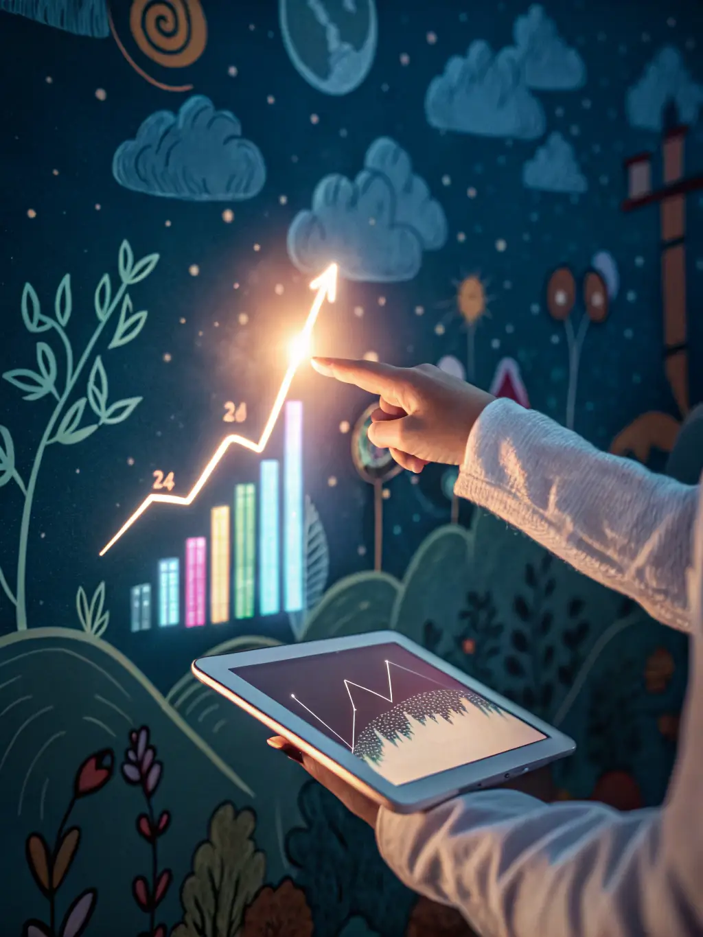 An image depicting growth investing, featuring a rapidly ascending graph line and symbols of innovative companies and technologies.